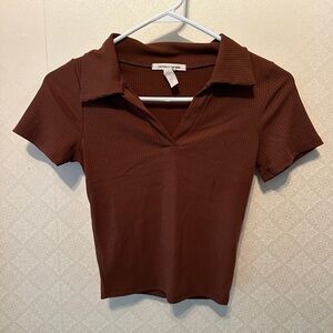 Caution To The Wind Brown Ribbed Collared Shirt Size Small